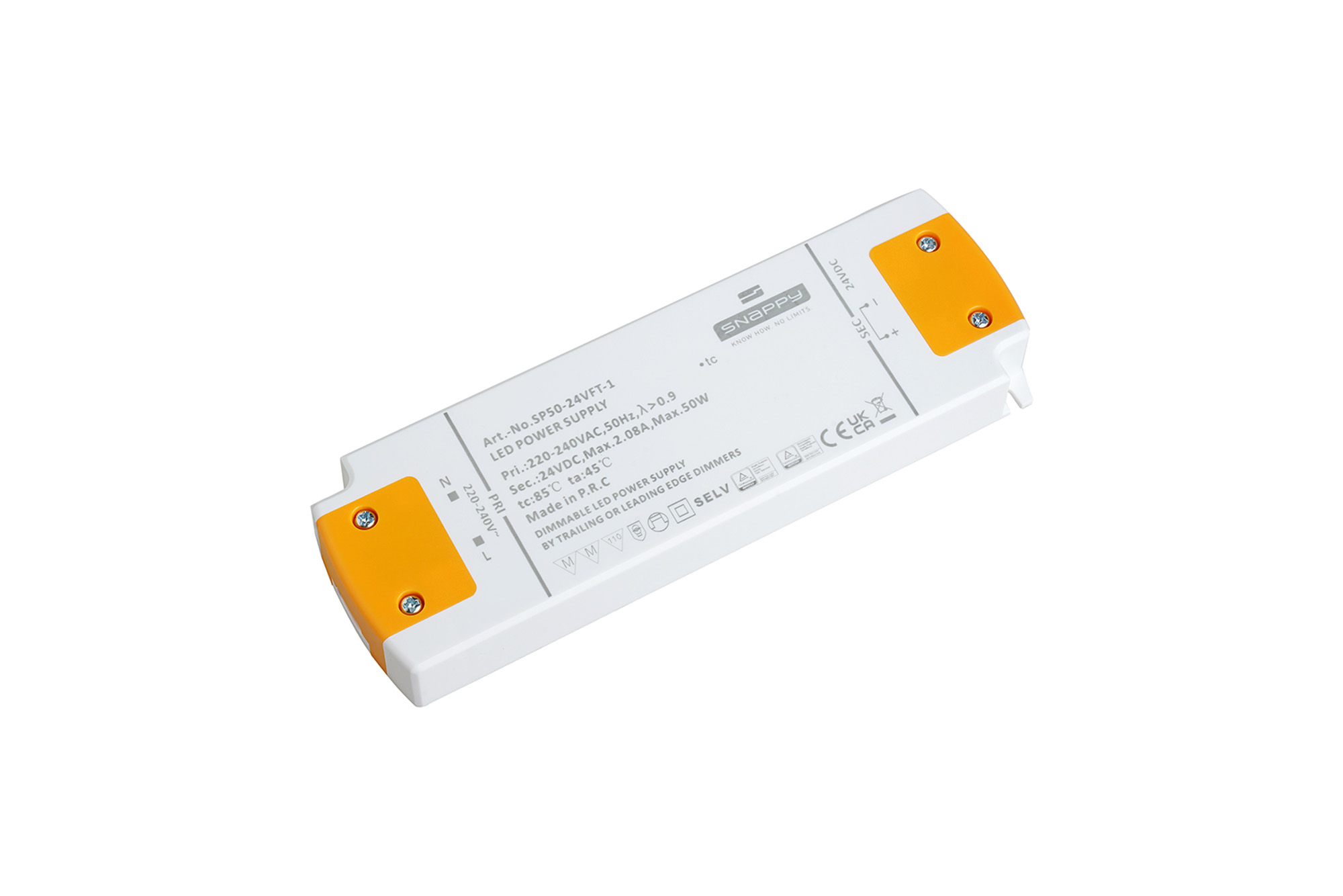 SP50-24VFT-1  SP, 50W, Constant Voltage Triac Dimmable PC LED Driver, 24VDC, IP20,  Screw Connection, 5yrs Warranty.